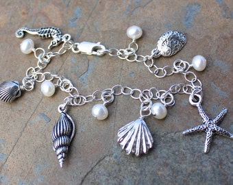 Silver Seashells and White Pearls Charm Bracelet - sterling silver chain, freshwater pearls -