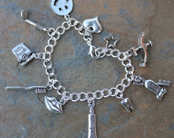 Dental Charm Bracelet- toothpaste, toothbrush, tooth, smile, floss, mirror, dental chair -silver plated chain, pewter charms-