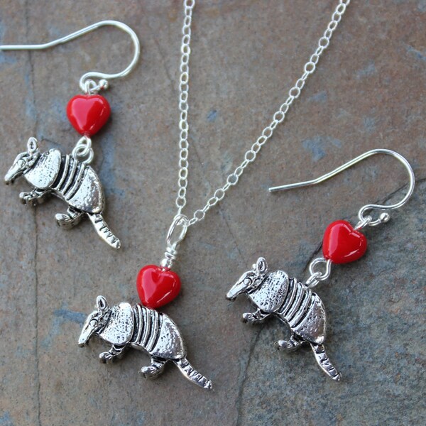 Silver Armadillo necklace and earring set - antiqued animal pendant & red hearts, sterling silver chain and hooks -