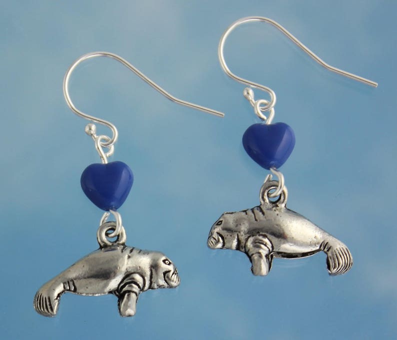 Manatee Love Earrings pewter dugong charms, blue glass heart beads, sterling silver hooks ocean, beach, sea cow image 1