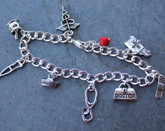 Medical Professional Pewter Charm Bracelet - Silver plated chain- for doctors, nurses, hospital, medics & caregivers - graduation gift