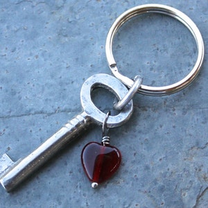 Antique key and red glass heart keychain - Key to my heart key chain- Vintage unique key -