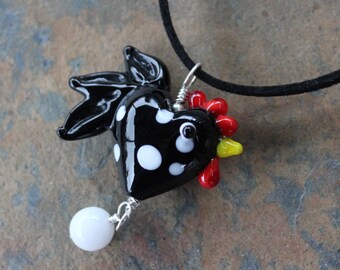 Black & White Polka Dot Chicken and Egg Microsuede and Lampwork Glass Necklace -Other color roosters available too - Free Shipping USA