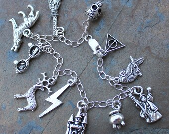 Wizards and Witches Charm Bracelet - Broom, Skull, Castle, Cauldron, Stag, Owl, Lightning Bolt & More - on sterling silver chain