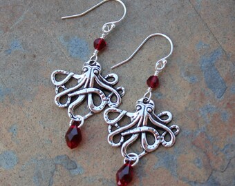 Davy Jones Earrings - Octopus charms & blood red crystals on sterling silver ear wires - for Cthulhu Fans and Pirates - Free Shipping USA