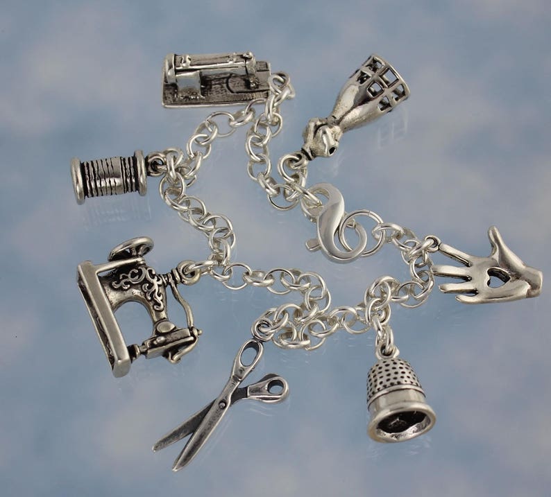 Scissors and Thimble Sewing Charm Pendant STERLING SILVER