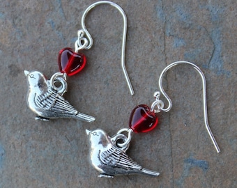 Love bird earrings - detailed pewter songbird charms, red glass hearts, sterling silver hooks -  - put a bird on it