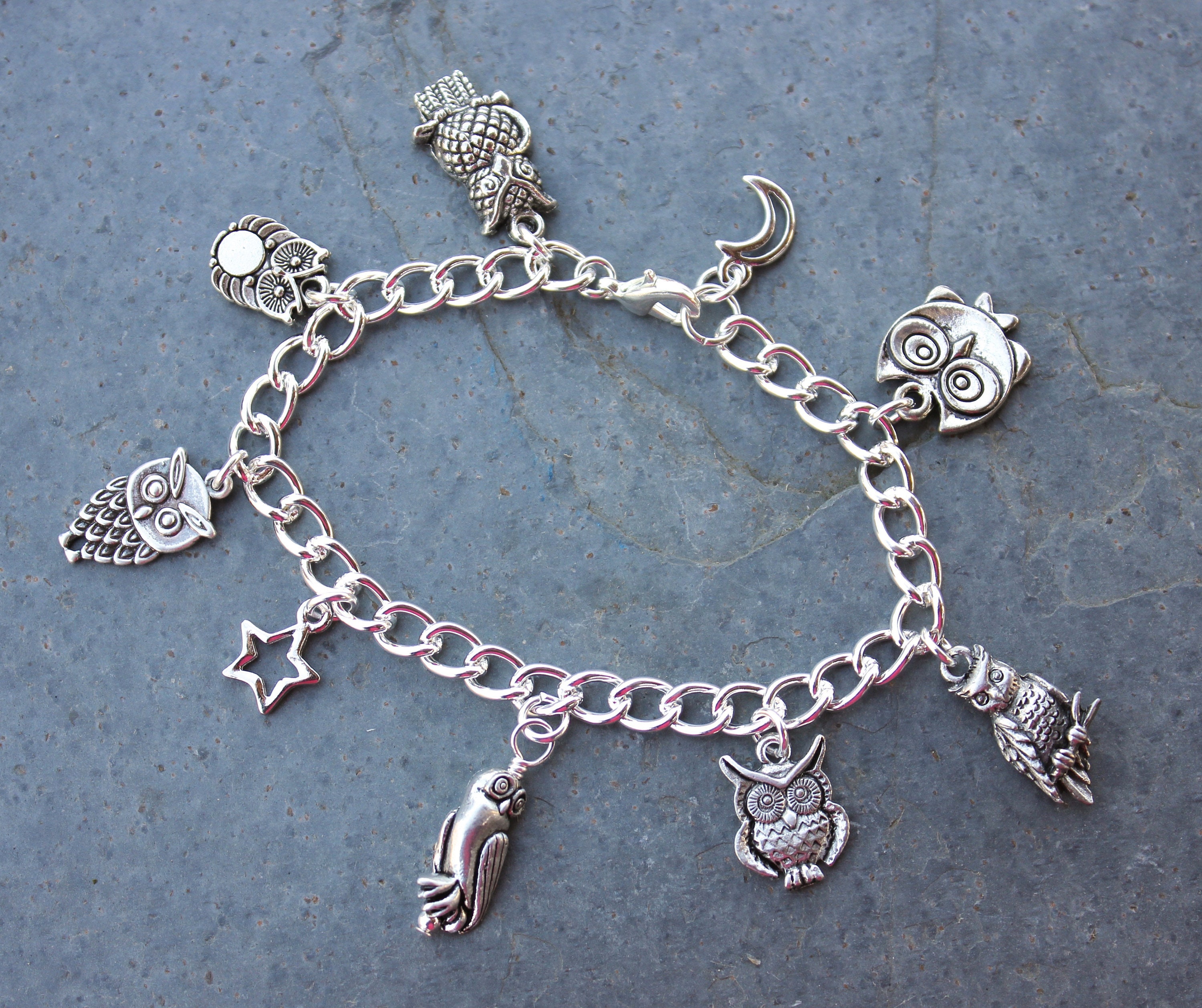 Parliament of Owls Charm Bracelet: Pewter Charms, Silver plated chain - Bird Jewelry