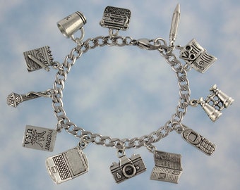 Reporter Stainless Steel & Pewter Charm Bracelet - newspaper + investigative journalist themed charms