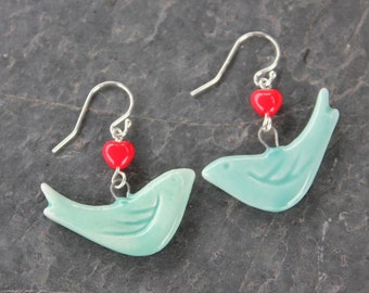 Sweet bird earrings - Aqua turquoise ceramic birds, red glass hearts, sterling silver hooks -  - fresh bright colors