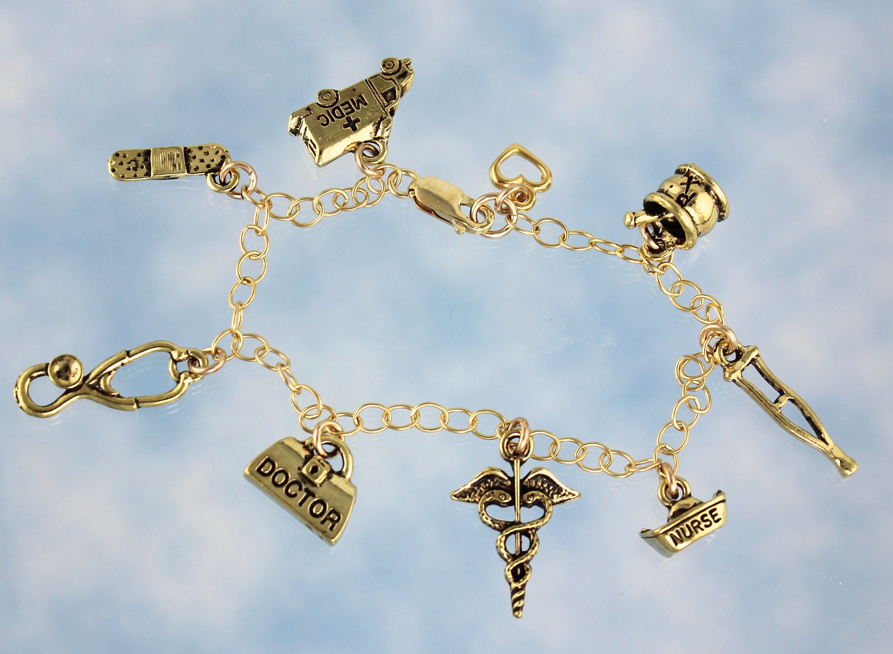 Medical Charm Bracelet 14k Gold Filled Chain, 22k Gold Plated Charms