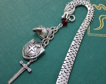 Dragon & Armor Bookmark - silver tone detailed bookmark with helmet, shield, sword- perfect for fantasy lovers and gamers - fantasy bookmark