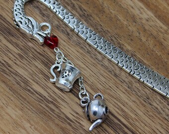 Dragon For Tea Bookmark - silver tone detailed bookmark with red heart, tea cup and tea pot - perfect gift for fantasy fans - happy dragon