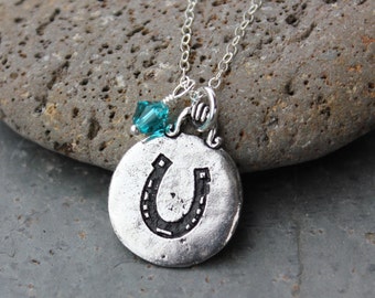 Lucky horseshoe necklace - pewter charm, Swarovski crystal dangle, sterling silver chain - Good Luck - birthstone colors - Free Shipping USA