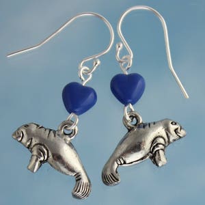 Manatee Love Earrings pewter dugong charms, blue glass heart beads, sterling silver hooks ocean, beach, sea cow image 6