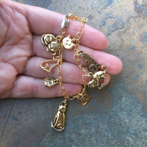 Love My Cat Charm Bracelet 22k gold plated pewter cat and heart charms on a gold filled chain charms made in USA image 4