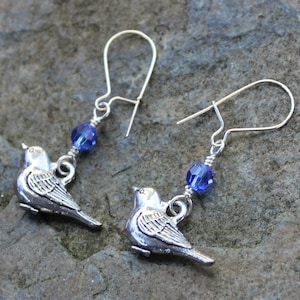 May include: Silver bird earrings with blue crystal accents. The birds are detailed with wings and a beak. The earrings are attached to silver hooks.