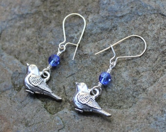 Put a bird on it bird earrings- pewter songbird charms, Swarovski Crystals, locking sterling silver hooks- birthstone colors - birthday gift