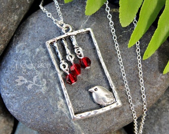 Summer Visitor Necklace - Cute fat bird under red crystal fruits, non tarnish pendant on sterling silver chain, Swarovski crystal dangles