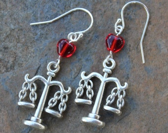 Scales of Justice Earrings- Law Scales, Red Heart - sterling silver hooks - lawyer, judge, court room, law school, paralegal, legal advocate