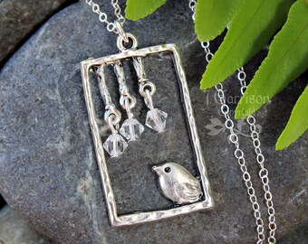 Winter Visitor Necklace - Cute fat bird under clear crystal icicles, non tarnish pendant on sterling silver chain, Swarovski crystal dangles