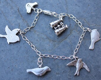 Bird Watcher bracelet - birds and binoculars charms on sterling silver  -Free Shipping in USA - nature lover, bird nerds