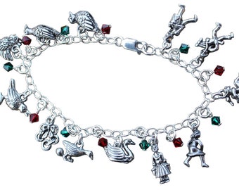 Twelve days of Christmas bracelet - 12 pewter charms, red and green Swarovski crystals on sterling silver chain