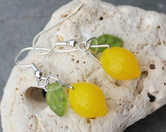 Lemon Drop earrings - semi translucent, bright yellow glass lemon beads with green glass leaves- surgical steel or sterling silver hooks