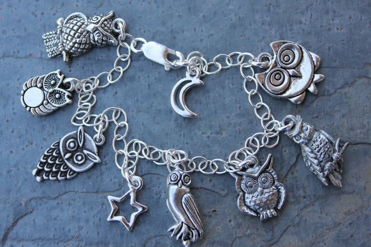 Owl Party charm bracelet - silver pewter owls, moon, star on sterling silver chain - bird charm brac