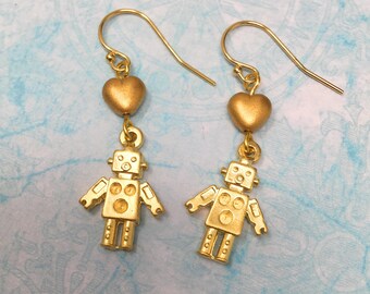 Tiny robots and metallic gold glass heart earrings - 14k gold filled hooks, gold plated pewter charms - Sci Fi fun -