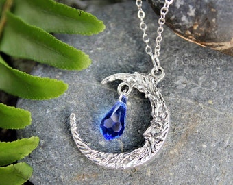 Wise Moon necklace - Crescent man on the moon silver charm & blue Swarovski crystal drop -