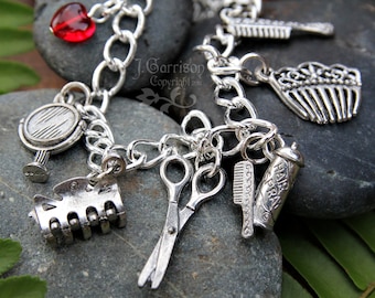 Hair stylist Silver Charm Bracelet - comb, brush, hair dryer, hair spray, scissors, clip, pick, mirror - great gift