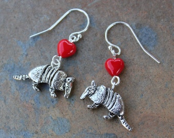 Armadillo earrings - antiqued silver critter pendants & red hearts, sterling silver earwires - other heart colors available too