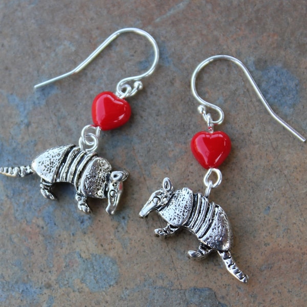 Armadillo earrings - antiqued silver critter pendants & red hearts, sterling silver earwires - other heart colors available too