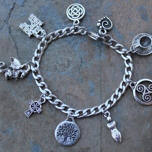 Wales Stainless Steel & Silver Pewter Charm Bracelet Welsh themed charms castle, dragon, tea cup, Celtic symbols, tree of life image 3