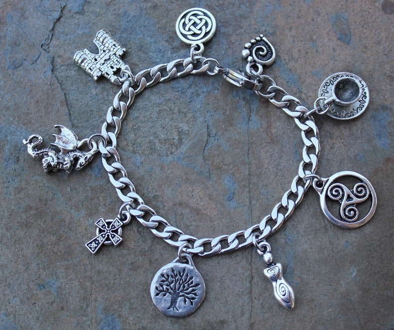 Wales Stainless Steel & Silver Pewter Charm Bracelet Welsh themed charms castle, dragon, tea cup, Celtic symbols, tree of life image 3