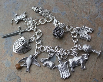 Monty Python Holy Grail Inspired Charm Bracelet: Pewter Charms, Silver Plated Chain