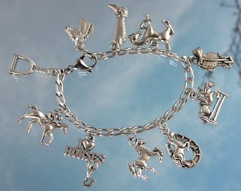 Equestrian Charm Bracelet- Horse Themed Antique Silver Pewter Charms- Hypoallergenic Stainless Steel Chain