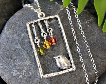 Fall Visitor Necklace - cute fat bird under green, yellow & reddish orange crystal 'leaves' - non tarnish pendant on sterling silver chain