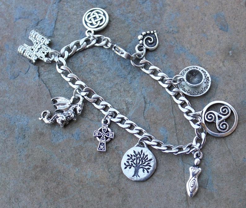 Wales Stainless Steel & Silver Pewter Charm Bracelet Welsh themed charms castle, dragon, tea cup, Celtic symbols, tree of life image 1
