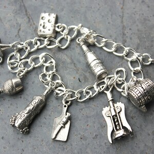 Wine & Cheese silver charm bracelet cheese, wine, champagne, corkscrew, wine glass, barrel, bottle on a chunky chain image 1