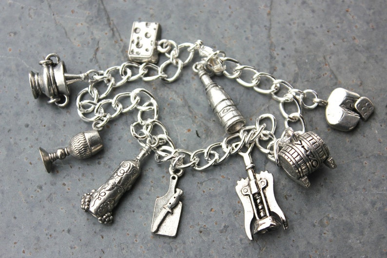 Wine & Cheese silver charm bracelet cheese, wine, champagne, corkscrew, wine glass, barrel, bottle on a chunky chain image 1