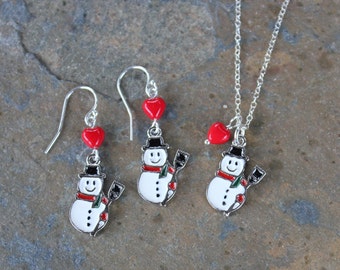 White Snowman and red heart necklace & earring set - enameled charms on sterling silver - Winter, Christmas -Free Shipping USA