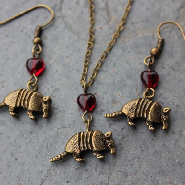 Armadillo necklace and earring set - antiqued bronze animal pendant & red hearts, antiqued brass chain -