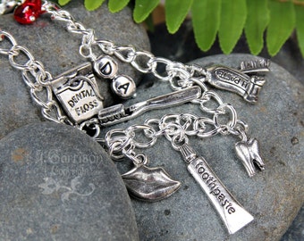Dental Silver Charm Bracelet - toothpaste, toothbrush, tooth, smile, floss, mirror, DA or DDS & heart on chunky chain