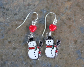 White Snowman and red heart earrings - enameled charms on sterling silver hooks - Winter, Christmas -stocking stuffer gift