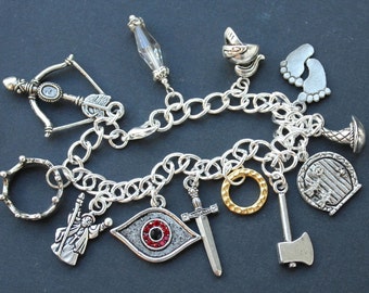 Epic Fantasy Characters Charm bracelet - Eye of Fire, Ring, Dwarf axe, Ranger sword, Elf bow, Wizard, Elvish phial- for true fantasy fans