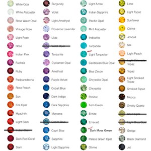 May include: A chart of 70 different coloured gemstones with their names listed below each one. The gemstones are arranged in columns by colour.