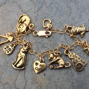 Love My Cat Charm Bracelet 22k gold plated pewter cat and heart charms on a gold filled chain charms made in USA image 5