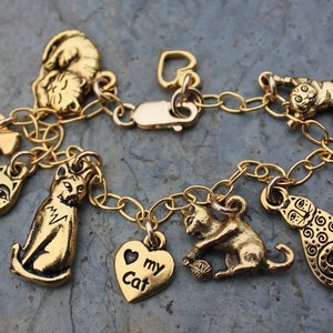 Love My Cat Charm Bracelet 22k gold plated pewter cat and heart charms on a gold filled chain charms made in USA image 1